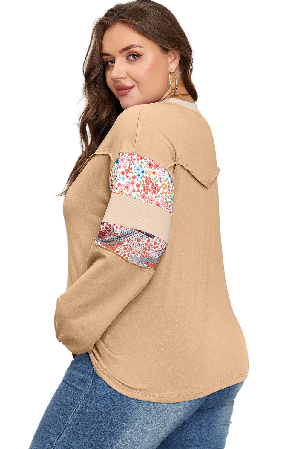Khaki Exposed Seam Floral Mixed Patchwork Relaxed Plus Size Top
