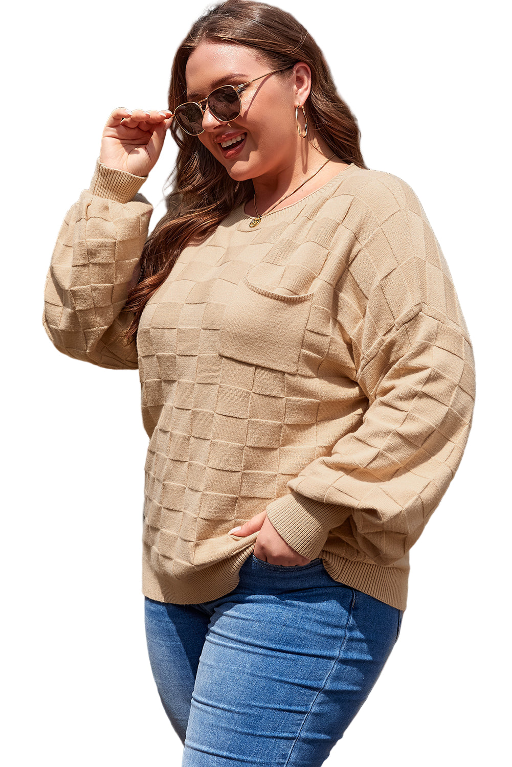 Rose Tan Solid Checkered Textured Knit Plus Size Sweater