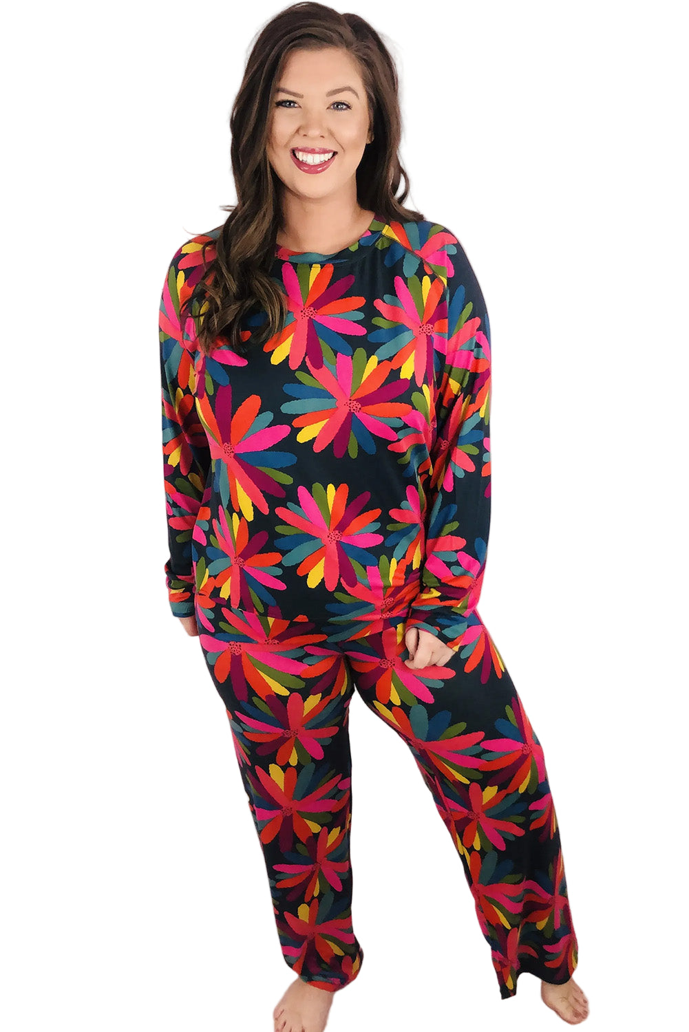 Green Plus Size Printed Long Sleeve and Pants Lounge Set