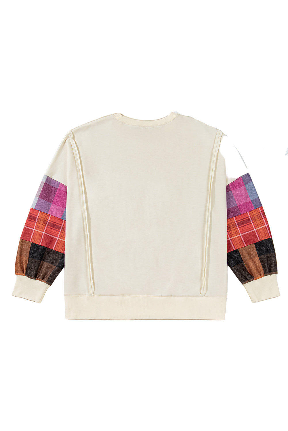 Beige Plus Size Plaid Patchwork Sleeve Pullover Top