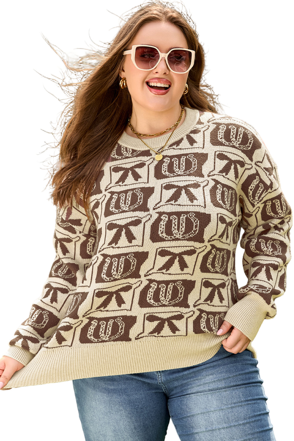 Brown Bow Horseshoe Print Checkered Plus Size Sweater