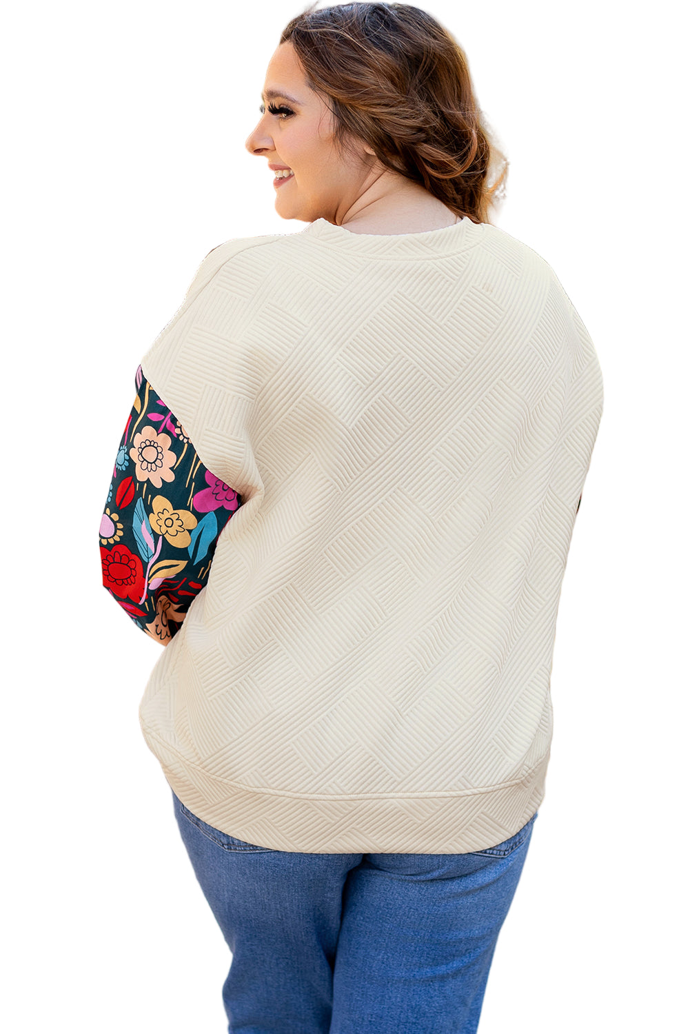 White Floral Patchwork Sleeve Textured Plus Size Pullover Top