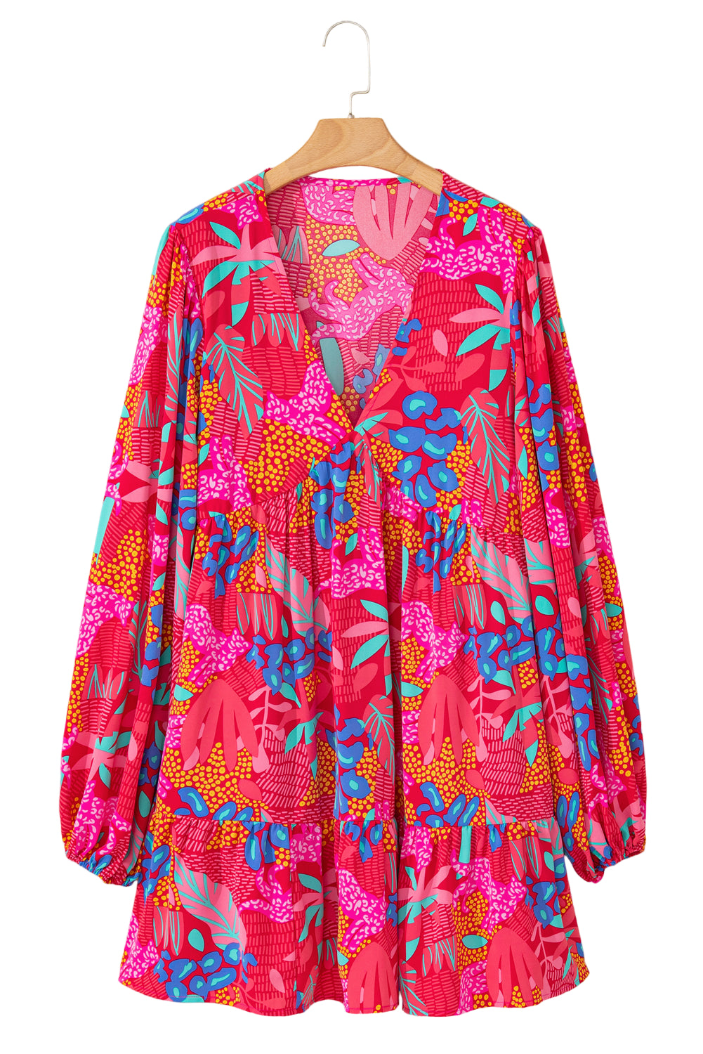 Rose Tropical Printed Lantern Sleeve V Neck Ruffled Plus Size Mini Dress