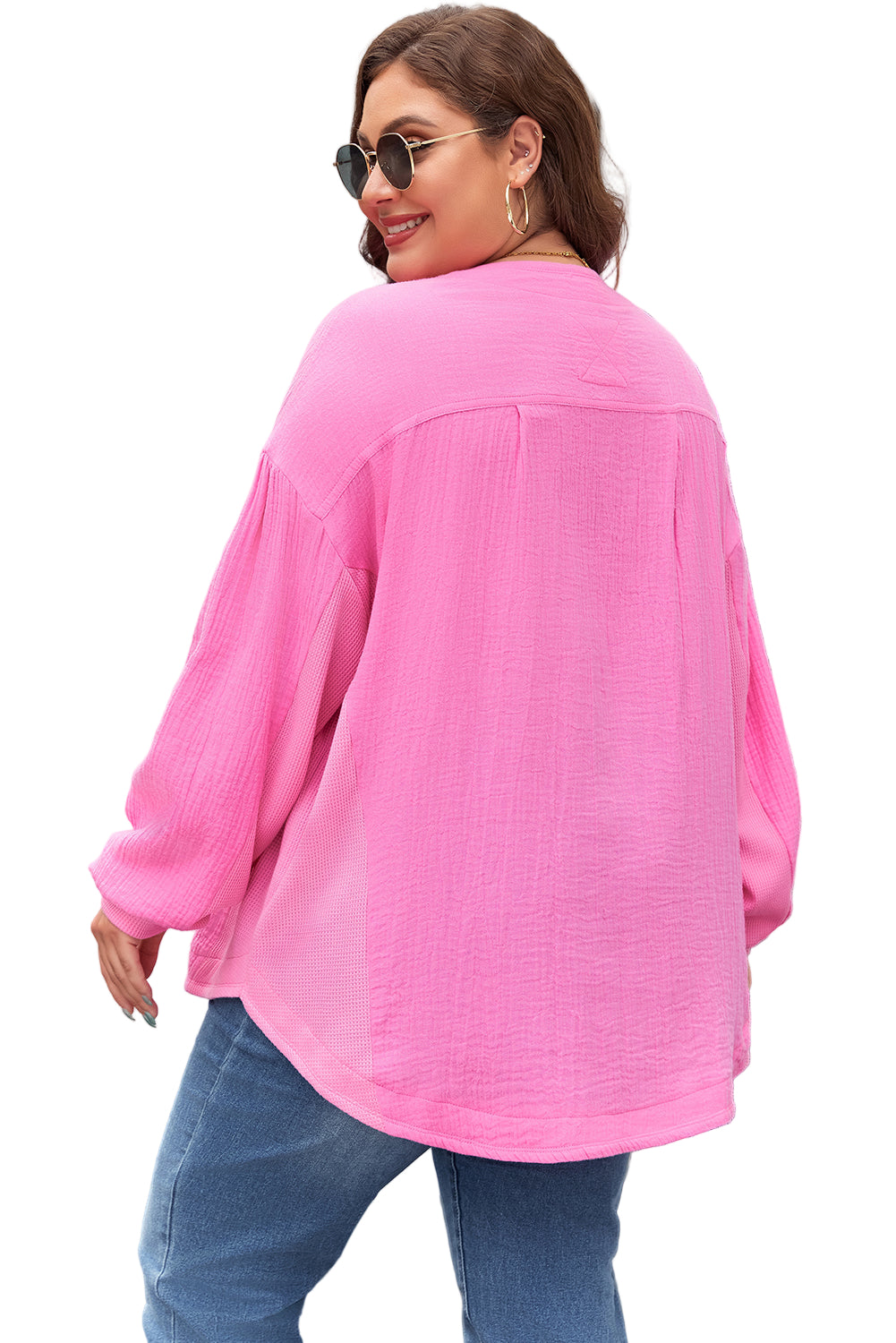 Bonbon Chest Pocket Crinkle Drop Sleeve Plus Size Henley Top