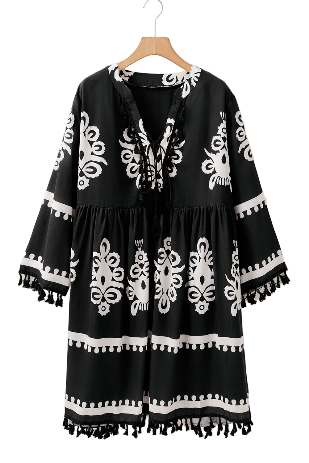 Black Plus Size Western Floral Print Fringed V Neck Dress