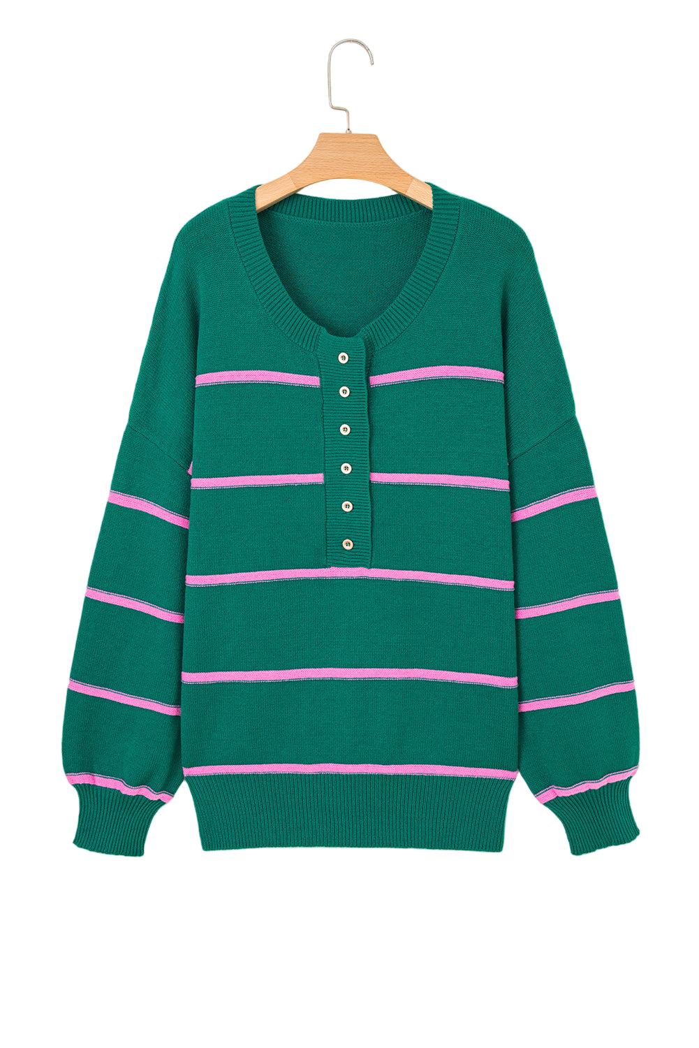 Green Stripe Half Buttons Drop Shoulder Plus Size Sweater