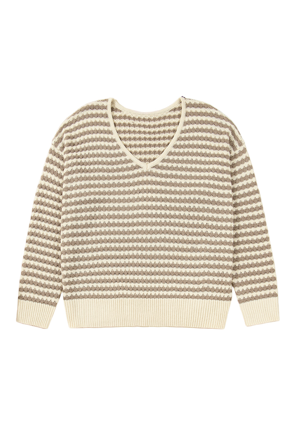 Khaki Stripe Plus Size V Neck Drop Shoulder Sweater