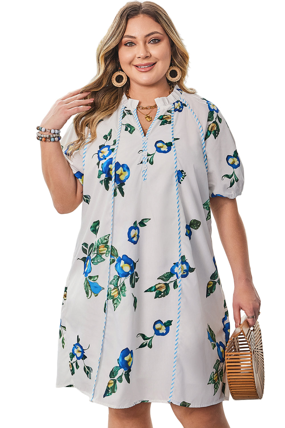 White Plus Size Floral Short Puff Sleeve Contrast Tie V Neck Dress