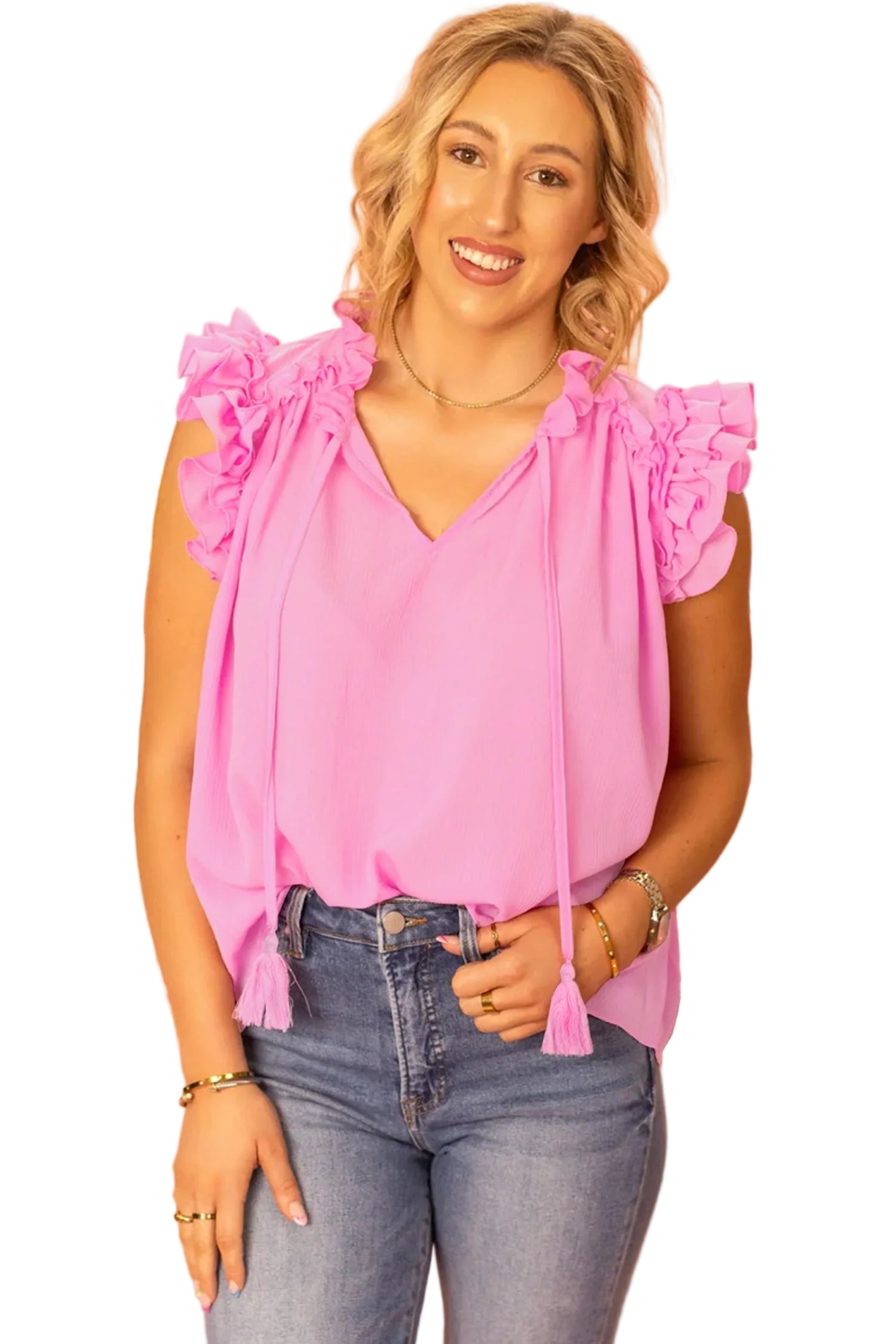 Bonbon Plus Size Textured Tassel Tie V Neck Ruffle Short Sleeve Blouse