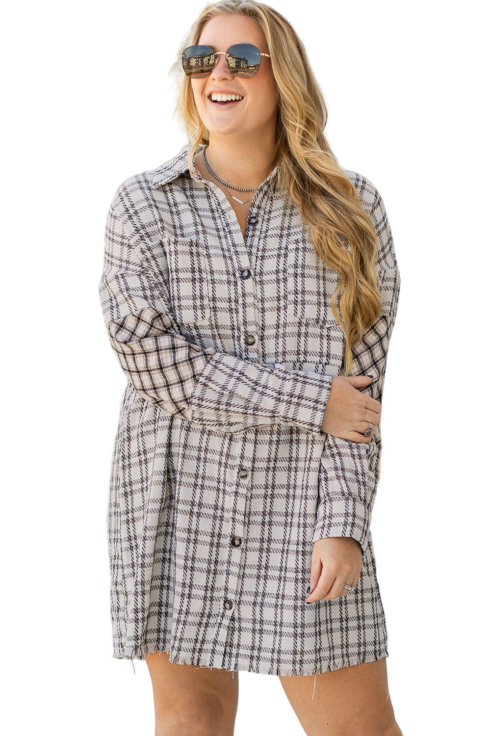 White Stripe Plus Size Plaid Buttoned Raw Hem Tunic Shirt Dress