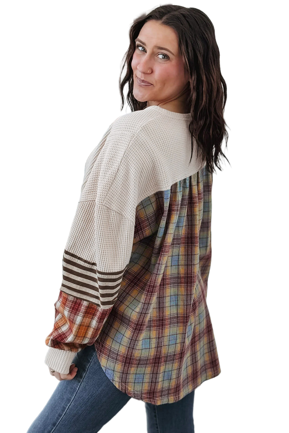 Parchment Plus Size Waffle Striped Plaid Patchwork Henley Pullover