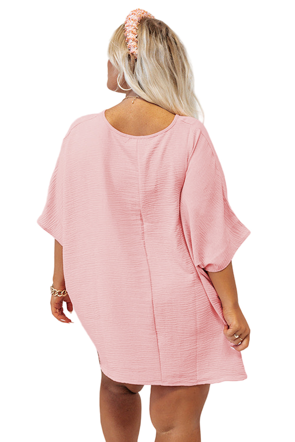 Pink Solid Color V Neck Textured Plus Size Blouse