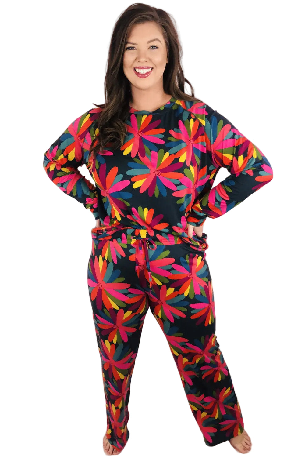 Green Plus Size Printed Long Sleeve and Pants Lounge Set