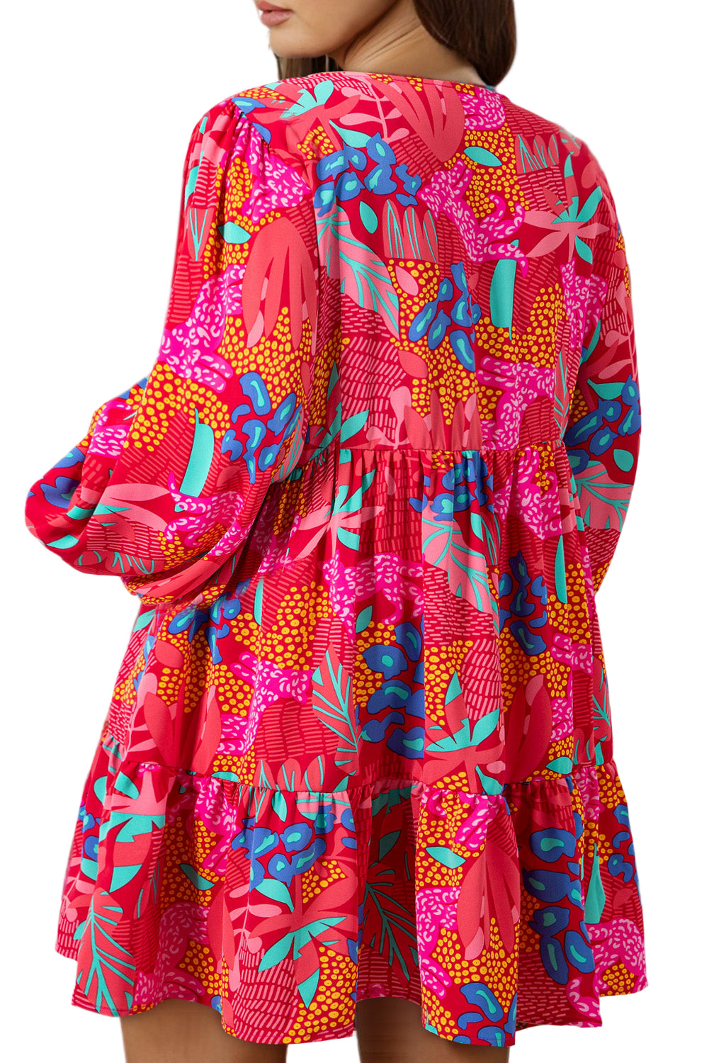 Rose Tropical Printed Lantern Sleeve V Neck Ruffled Plus Size Mini Dress