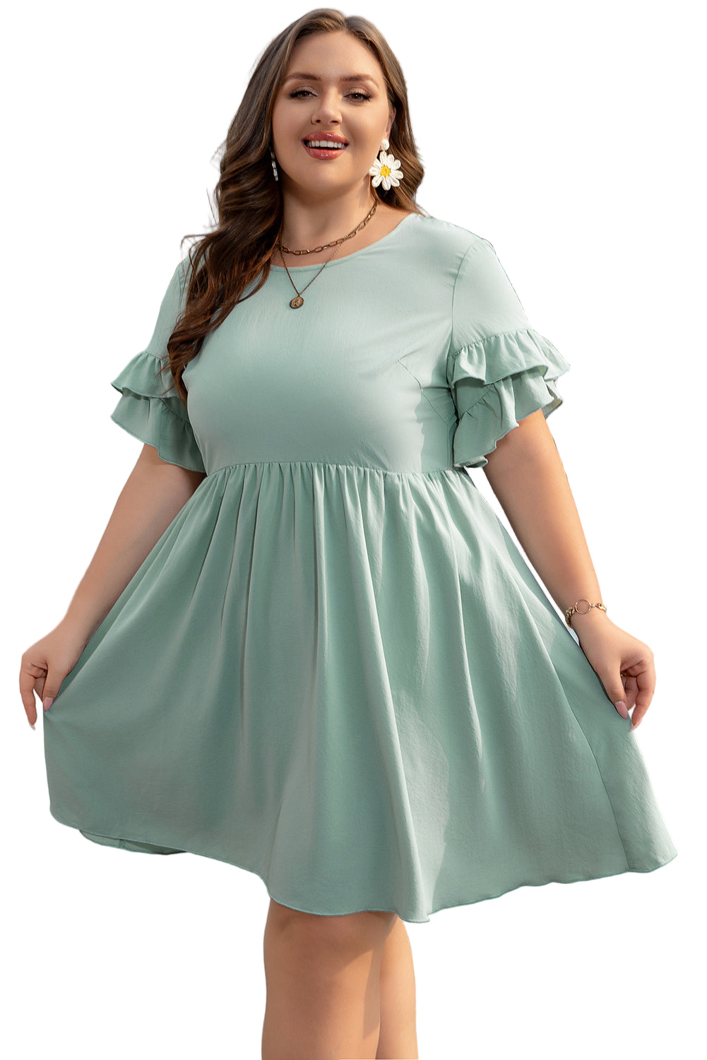 Grass Green Ruffle Trim Short Sleeve Plus Size Flared Mini Dress