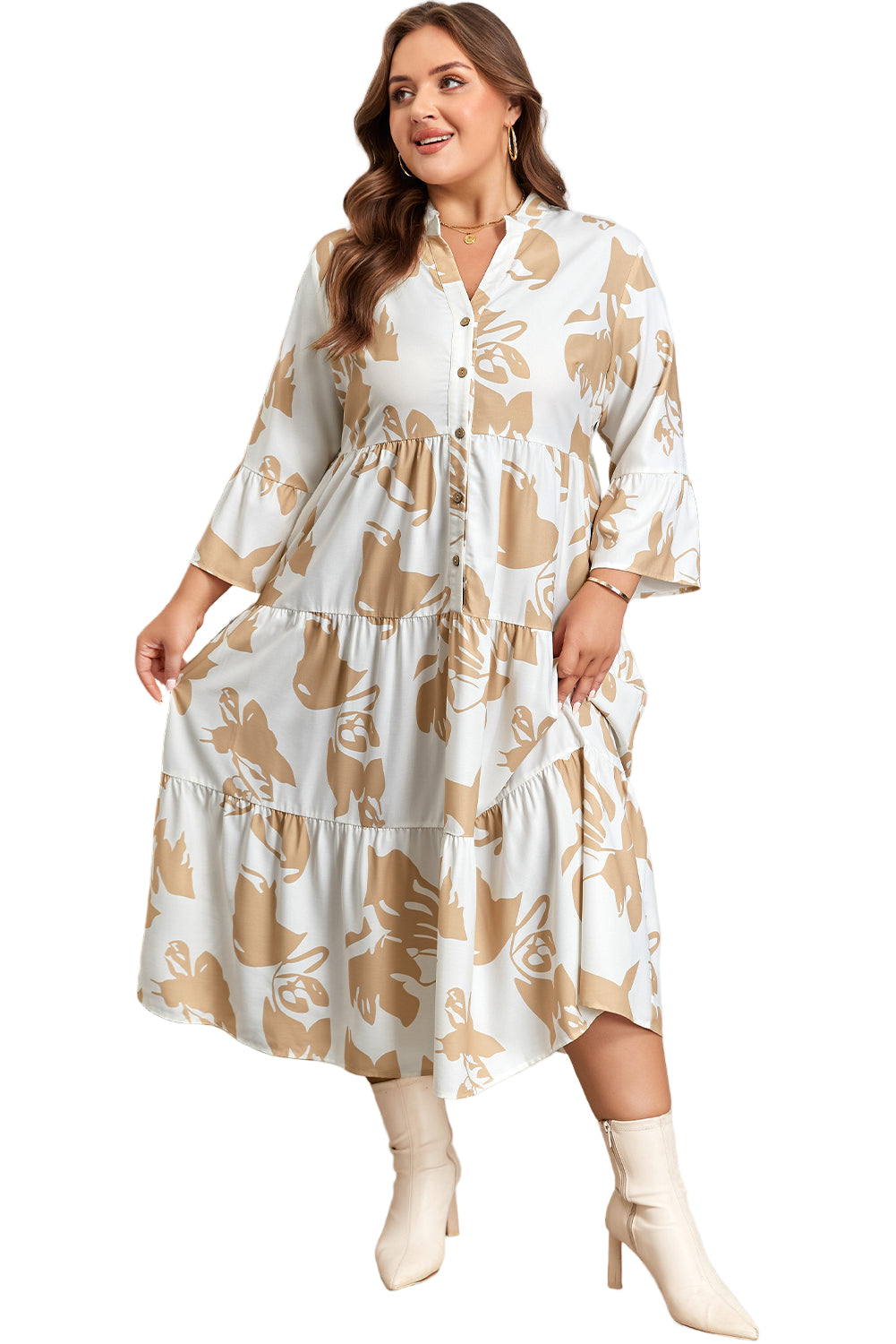 Khaki Patterned Ruffled Sleeve Half Placket Tiered A-line Plus Size Long Dress