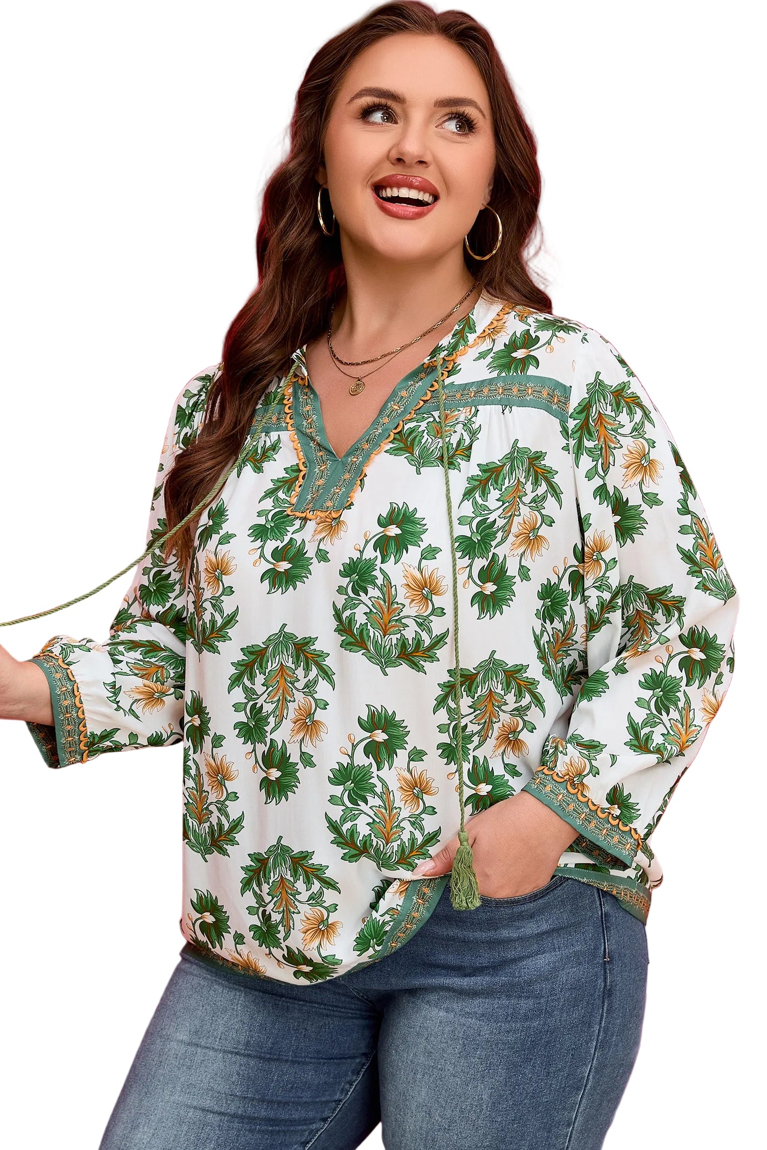 Green Plus Size Floral Printed Contrast Patchwork Detail Tassel Tie 3/4 Sleeve Blouse