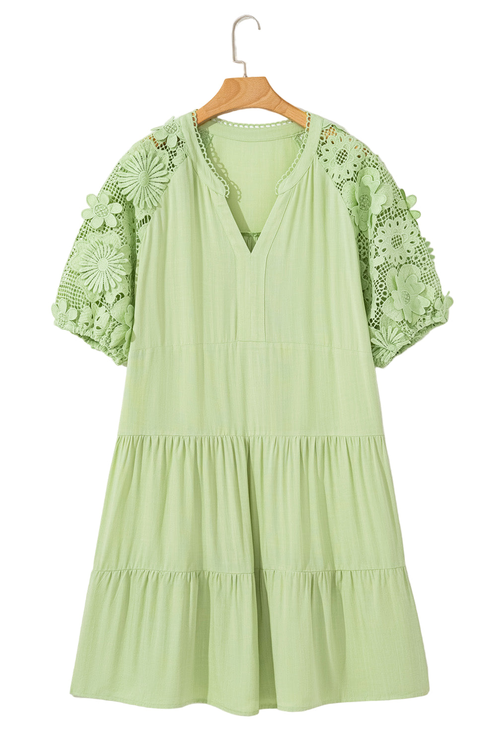 Laurel Green Floral Crochet Short Sleeve Notch V Neck Tiered Plus Size Mini Dress