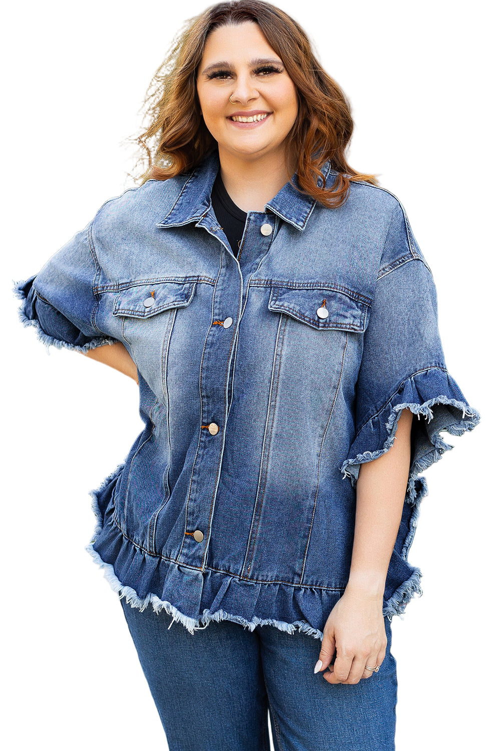 Peacock Blue Ruffled Frayed Short Sleeve Plus Size Denim Jacket