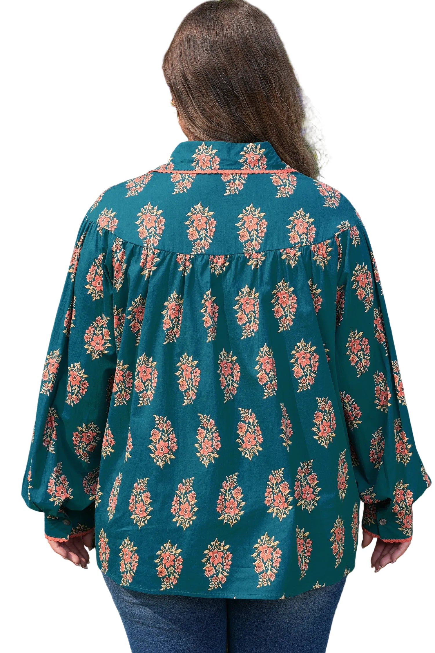 Green Plus Size Floral Print Contrast Lacy Trim Pleated Loose Shirt