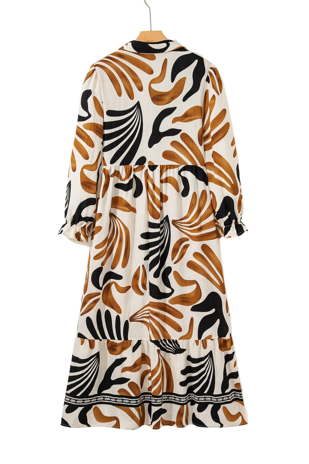 White Plus Size Abstract Print Contrast Collar Split Neck Shift Long Dress