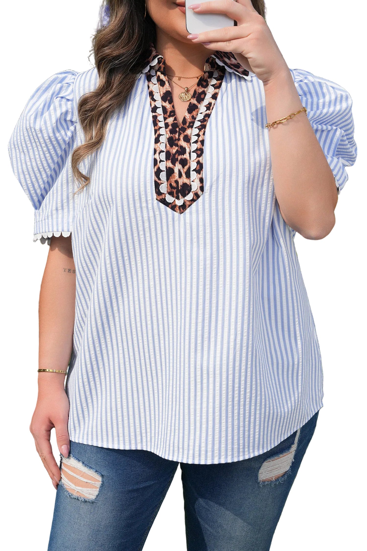 Sky Blue Stripe Plus Size Leopard Patchwork Collar Short Bubble Sleeve Blouse