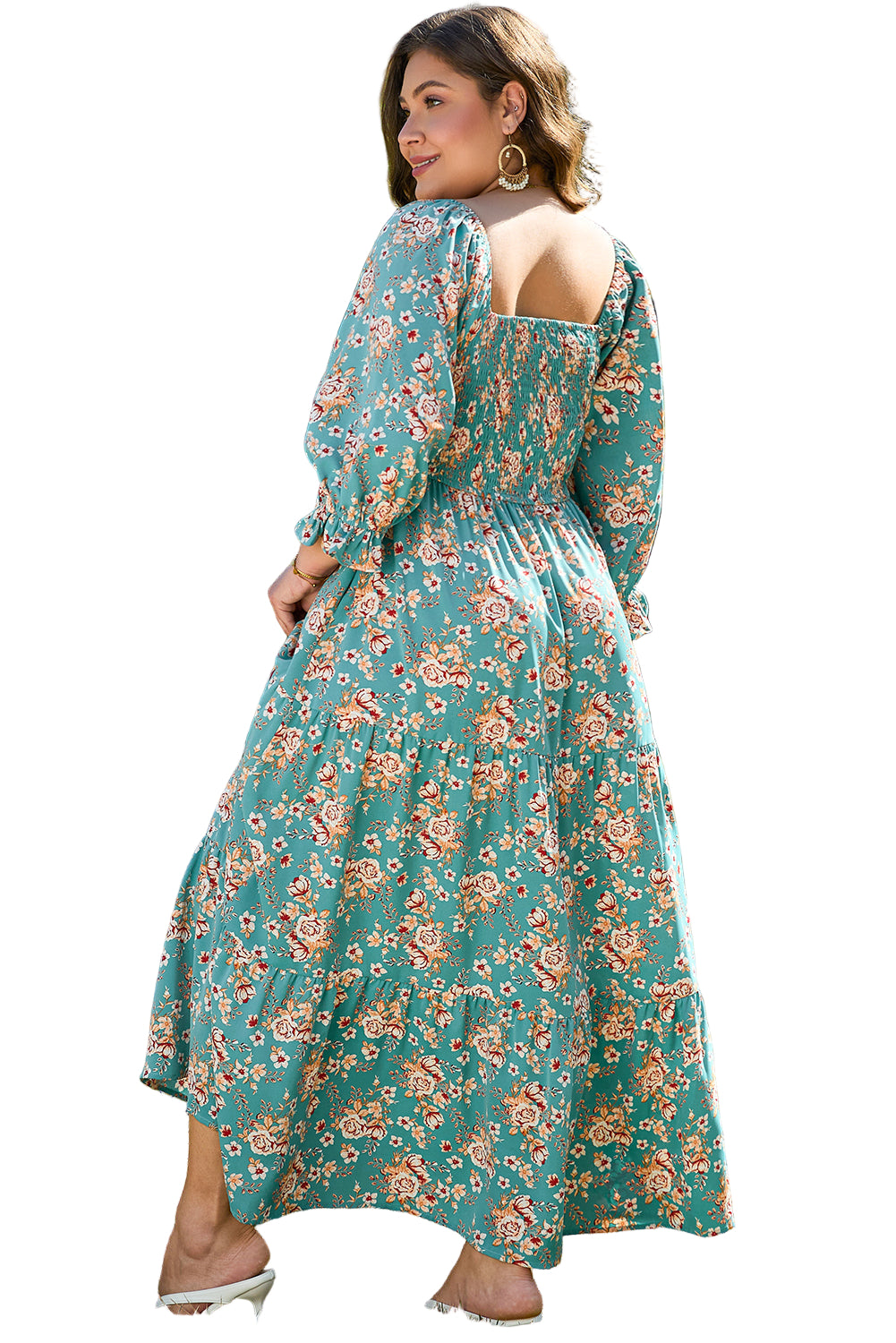 Green Plus Size Floral Print Square Neck Smocked Maxi Dress