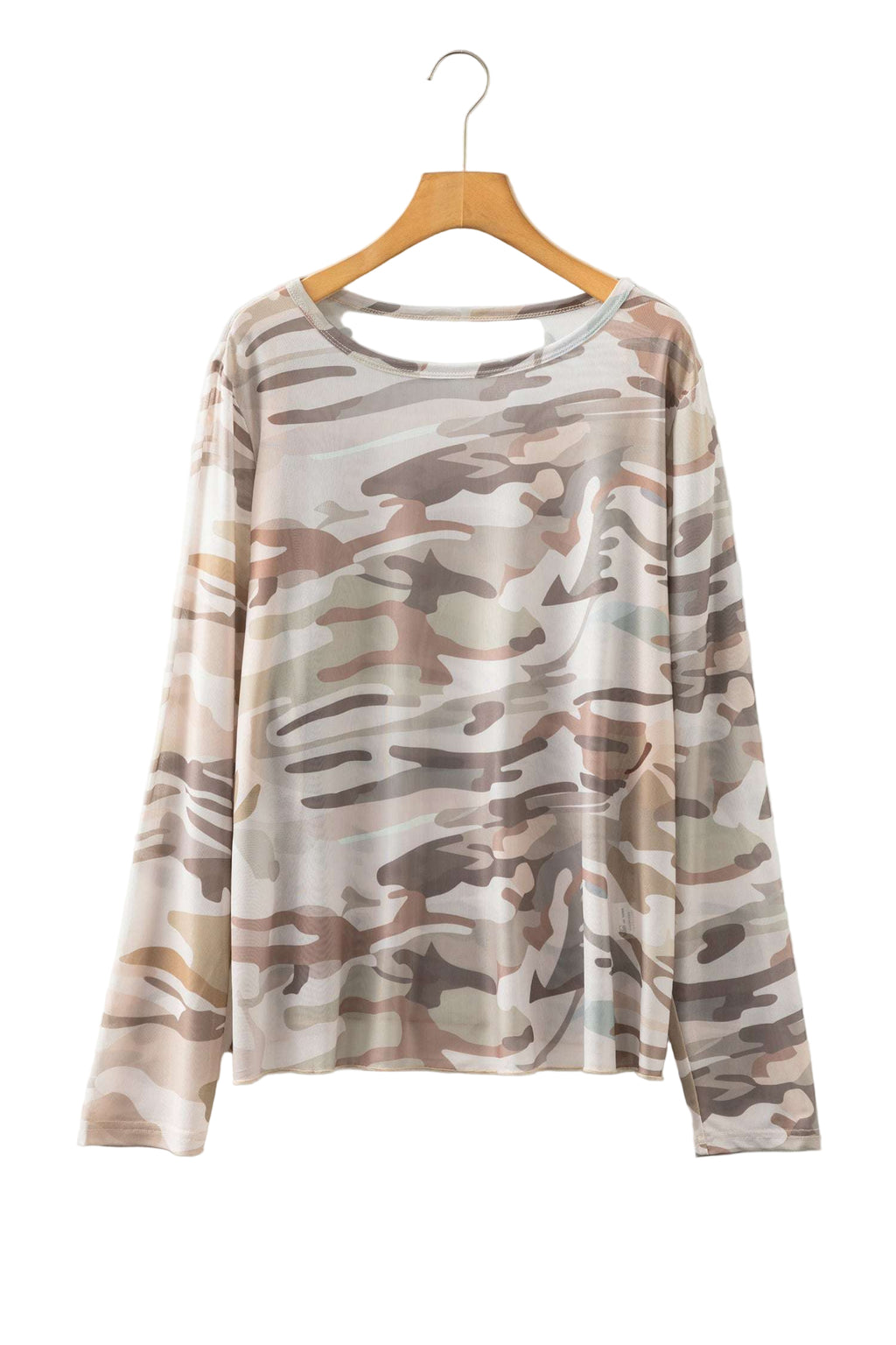 Green Plus Size Western Camo Print Mesh Long Sleeve Top
