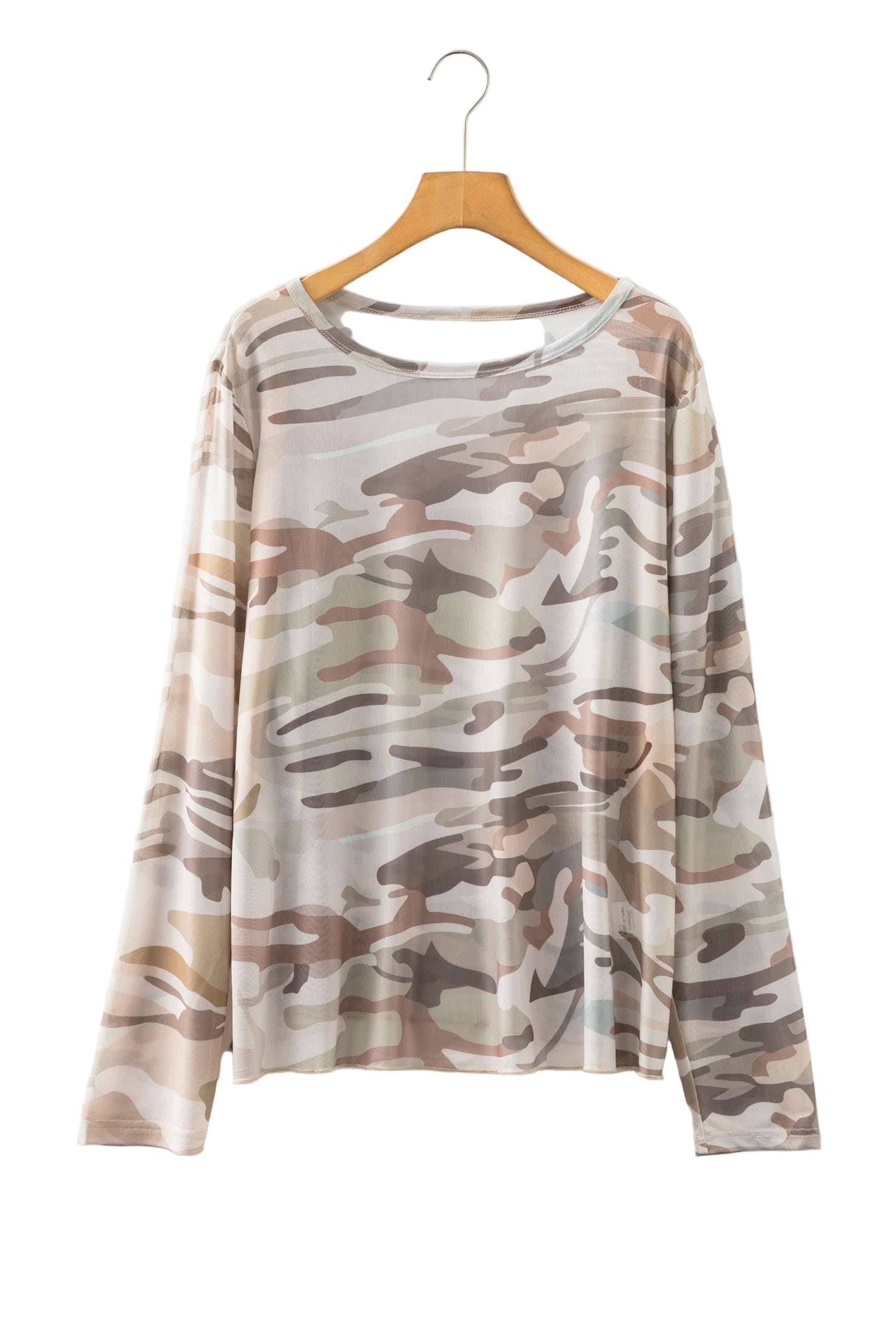 Green Plus Size Western Camo Print Mesh Long Sleeve Top