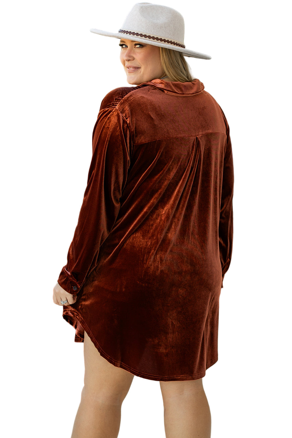 Coffee Plus Size V Neck Collared Pleated Back Rounded Hem Velvet Dress