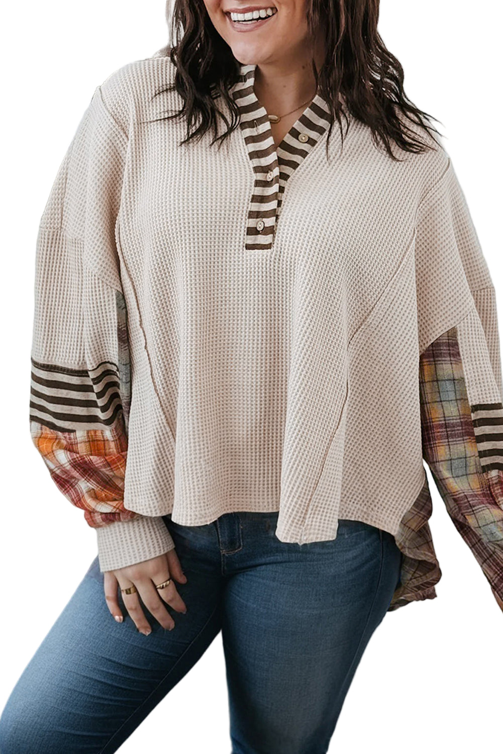 Parchment Plus Size Waffle Striped Plaid Patchwork Henley Pullover