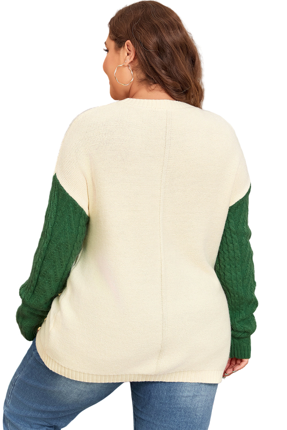 Mist Green Plus Size Cable Knit Color Block Drop Shoulder Sweater