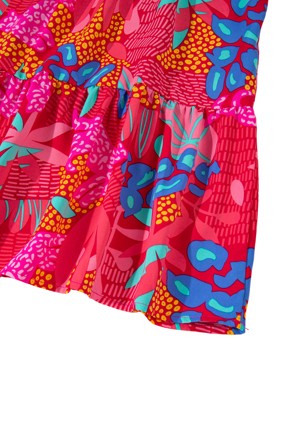 Rose Tropical Printed Lantern Sleeve V Neck Ruffled Plus Size Mini Dress