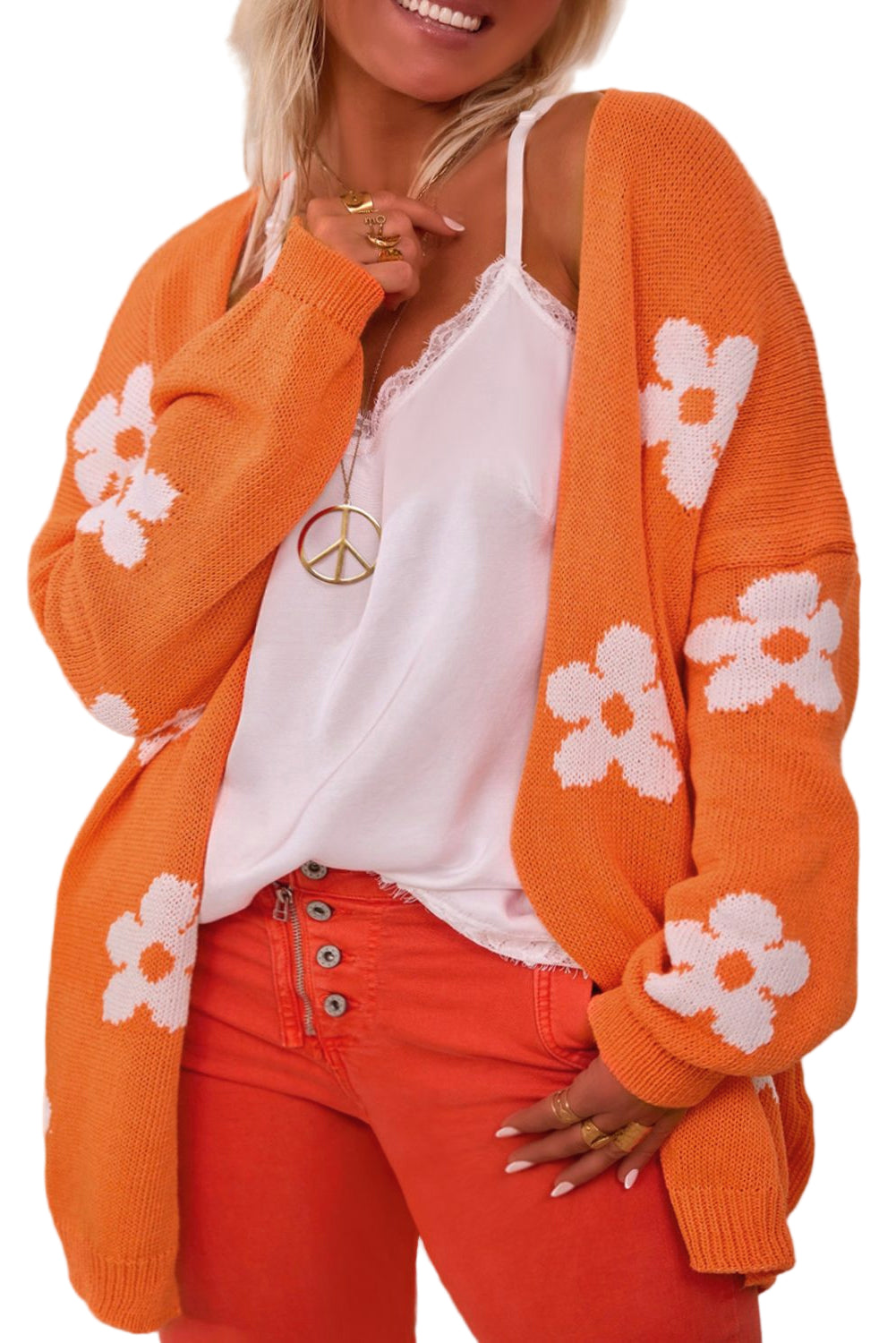 Orange Flower Pattern Drop Shoulder Plus Size Cardigan