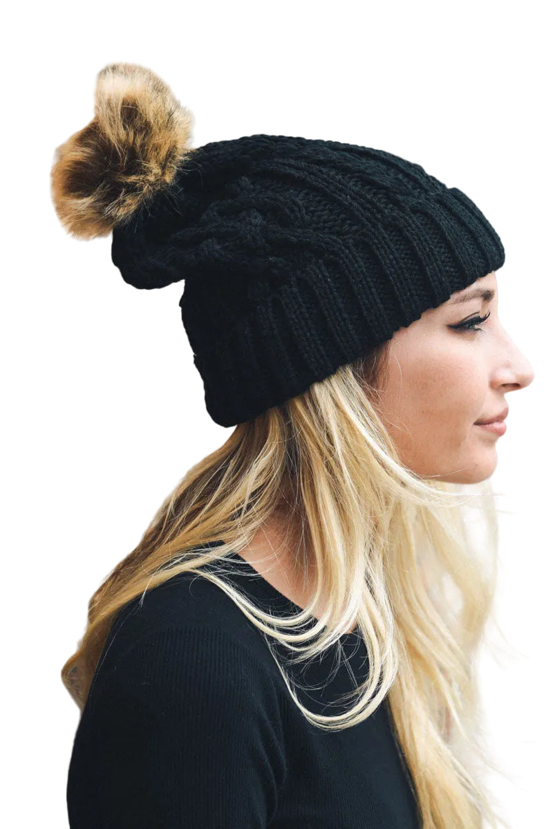 Cable Knit Beanie with Faux Fur Pom