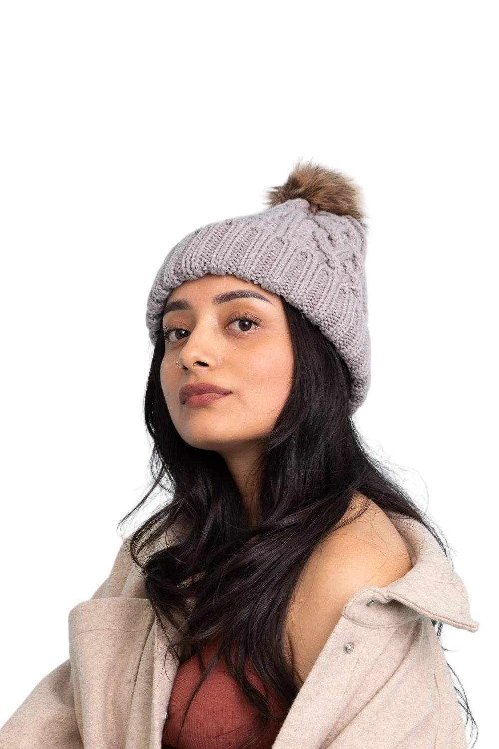 Cable Knit Beanie with Faux Fur Pom
