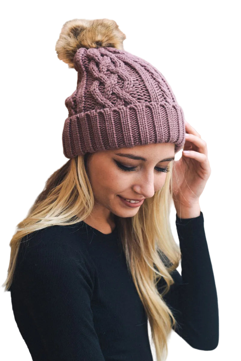 Cable Knit Beanie with Faux Fur Pom