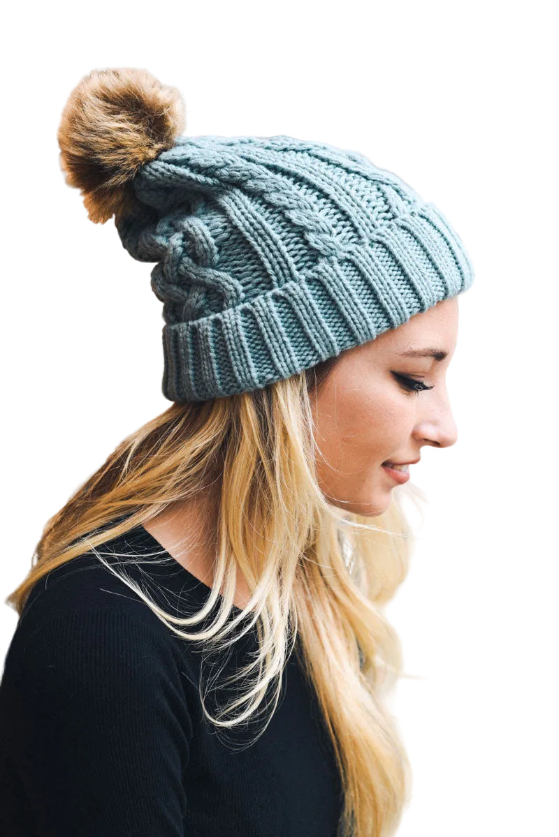 Cable Knit Beanie with Faux Fur Pom