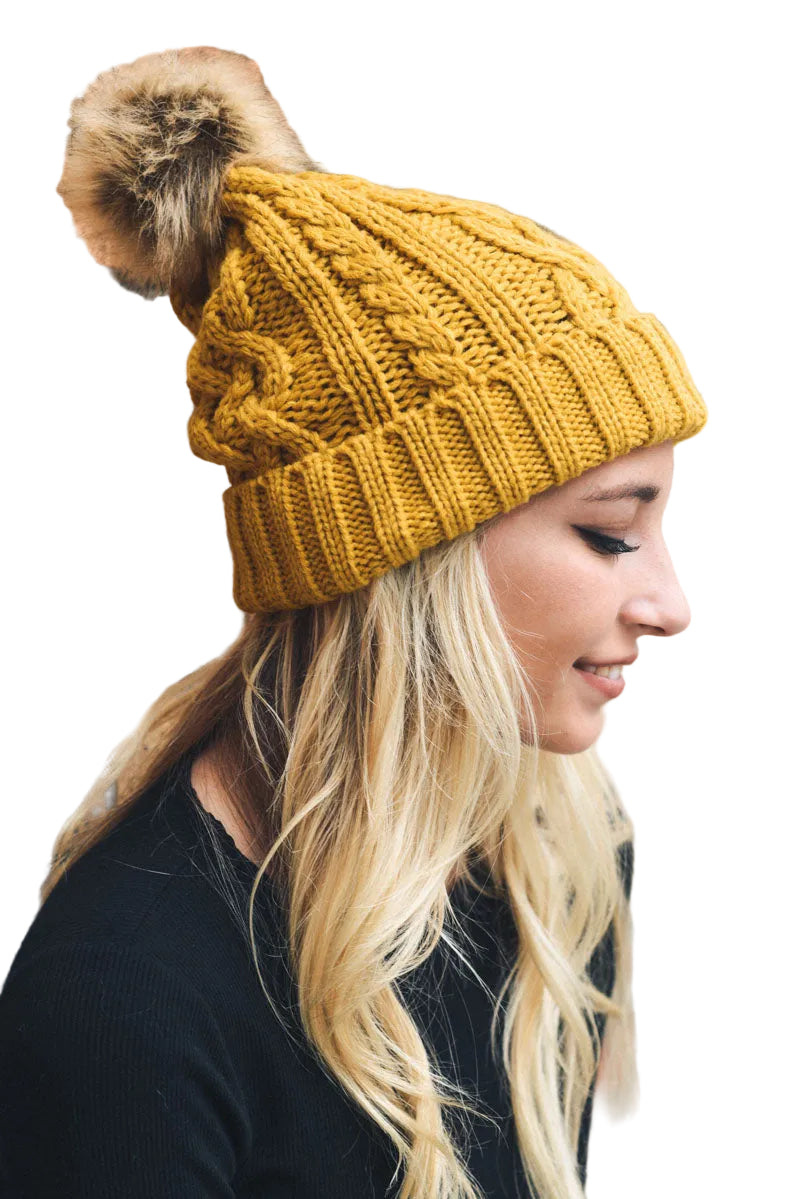 Cable Knit Beanie with Faux Fur Pom