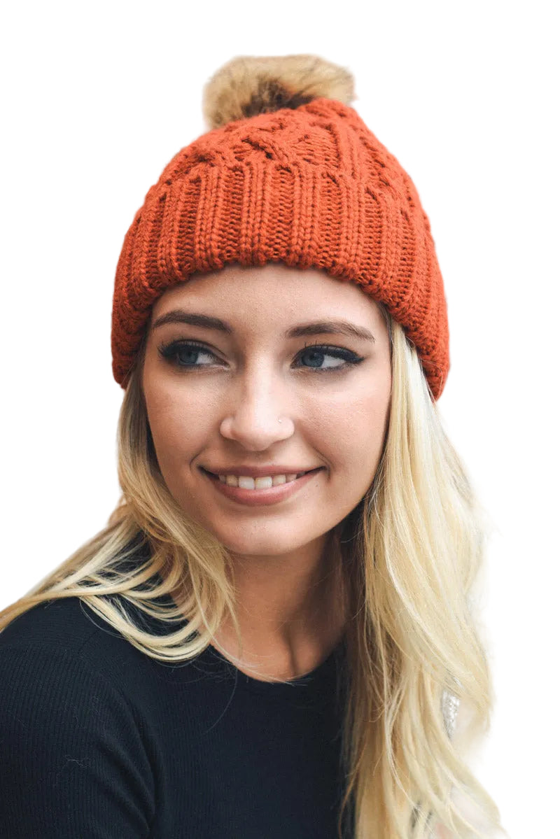 Cable Knit Beanie with Faux Fur Pom