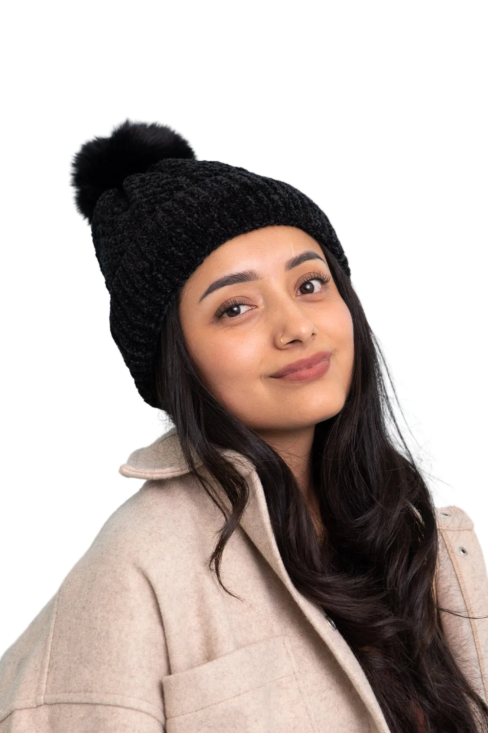 Velvet Cable Knit Pom Beanie