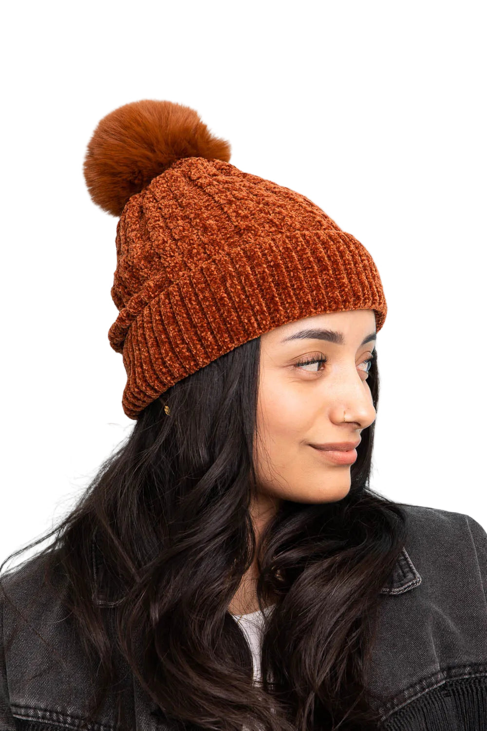 Velvet Cable Knit Pom Beanie