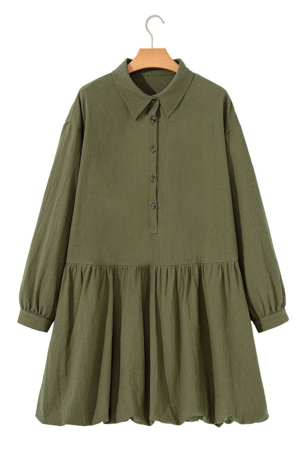 Four Leaf Clover Plus Size Collar Half Button Long Sleeve Ruffle Hem Mini Dress