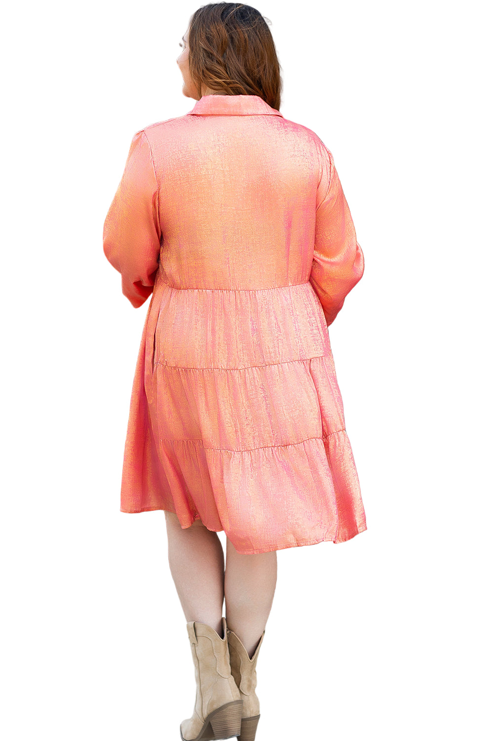 Peach Blossom Metallic Balloon Sleeve Shirt Plus Size Mini Dress