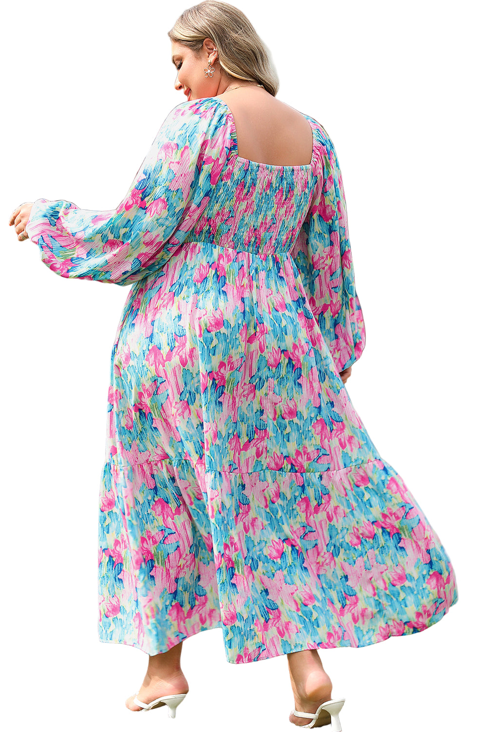 Sky Blue Floral Allover Print Shirred Square Neck Plus Size Maxi Dress