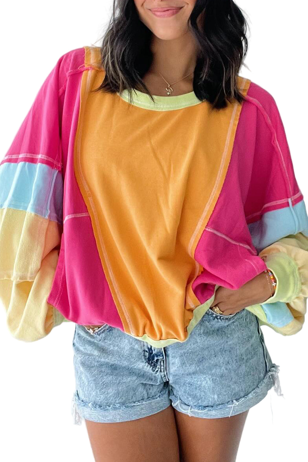 Rose Red Plus Size Colorblock Patchwork Exposed Seam Sweatshirt
