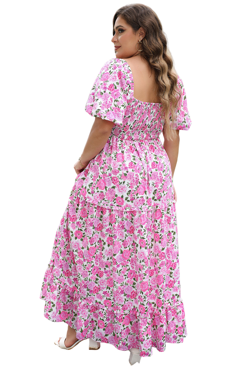 Pink Plus Size Floral Print Smocked Puff Sleeve Dress