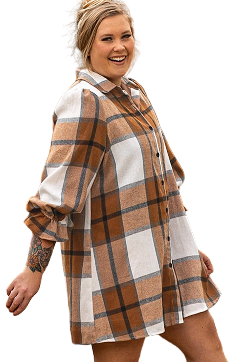 Khaki Plus Size Plaid Flounce Sleeve Button up Shirt Dress