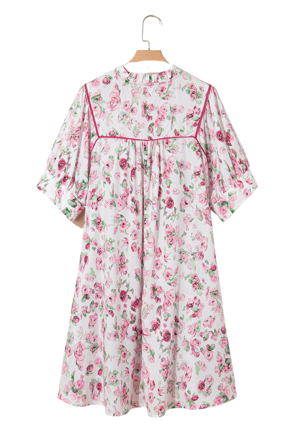 Pink Floral Split Neck Short Sleeve Loose Plus Size Mini Dress