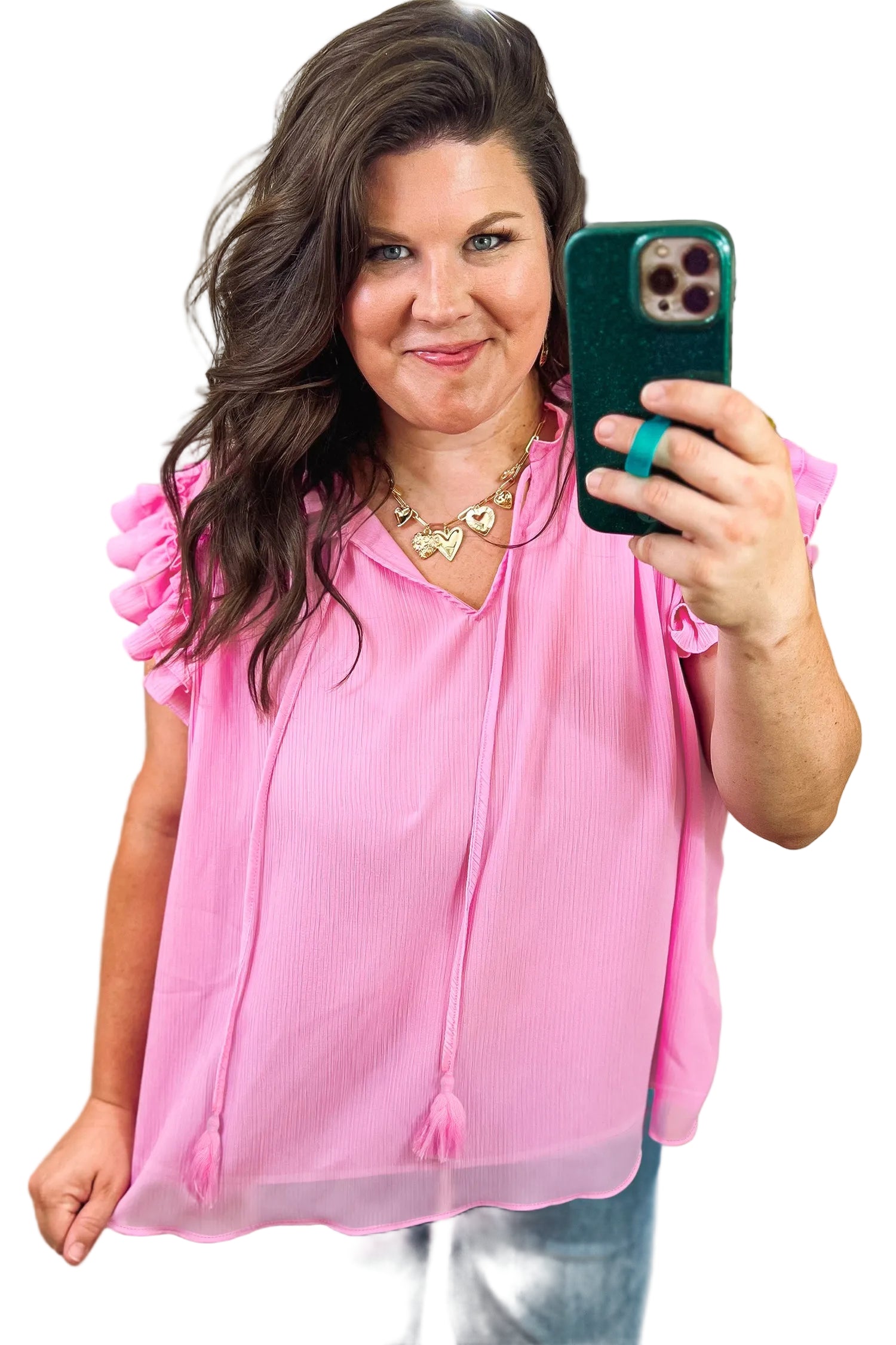 Bonbon Plus Size Textured Tassel Tie V Neck Ruffle Short Sleeve Blouse